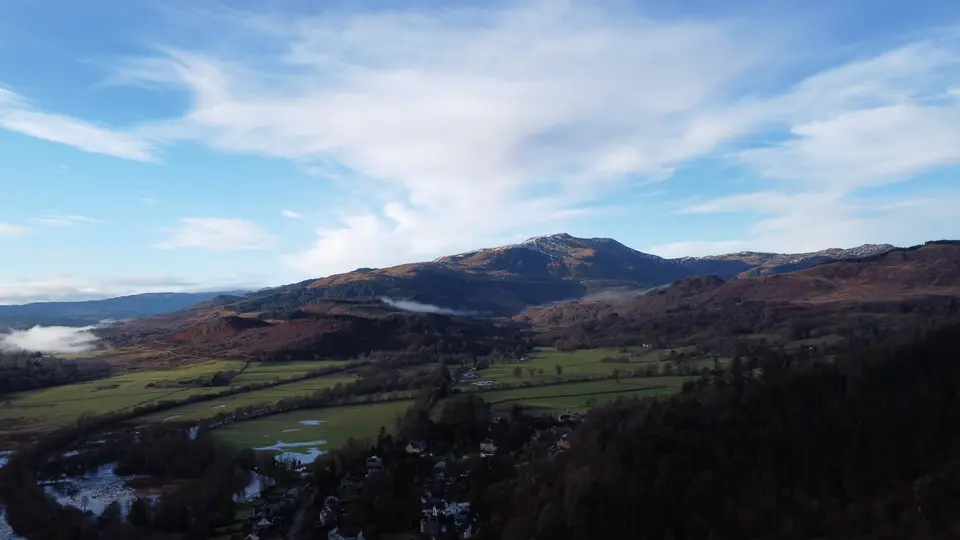 Ben Ledi rising above the green valley of the River Teith, seen from the hills above Callander