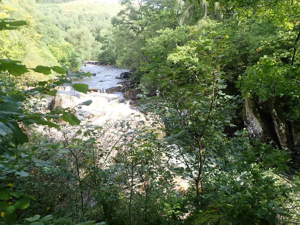 The Keltie Water rushing over rocks between trees below Bracklinn Falls
