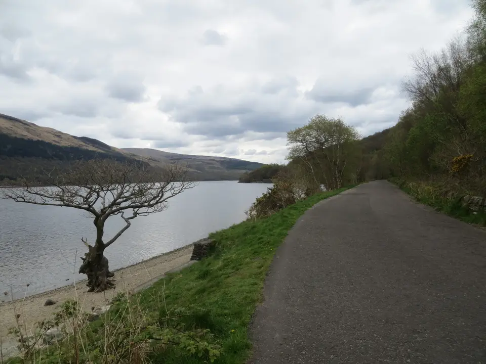 A tarmac cycle track running beside the shore of Loch Lomond at Firkin Point, with hills across the water