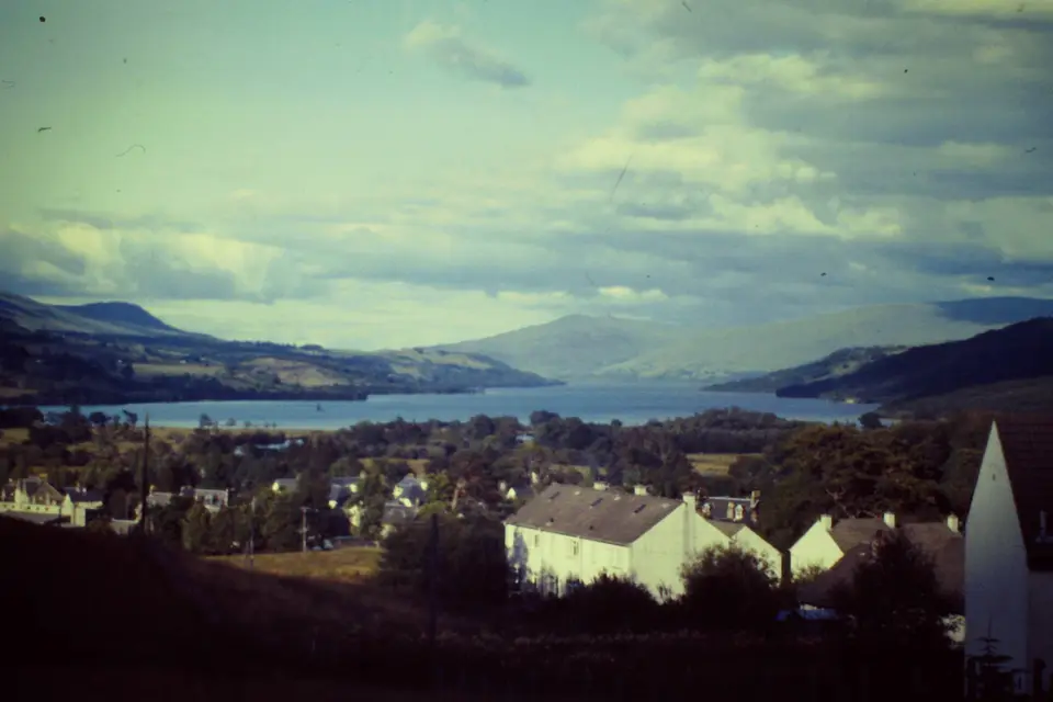Killin and the head of Loch Tay seen from the hillside, in an older slide photograph