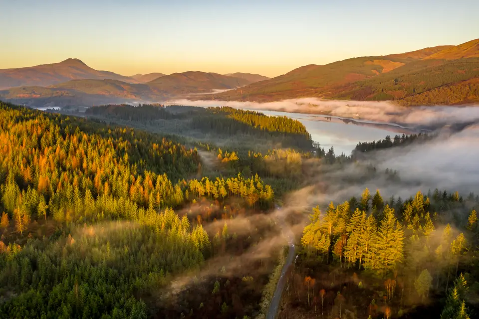 Aerial view of Loch Ard at dawn in autumn