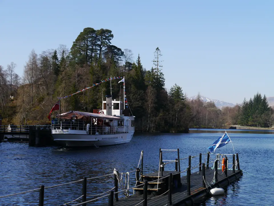 The Steamship Sir Walter Scott moored at Trossachs Pier on Loch Katrine