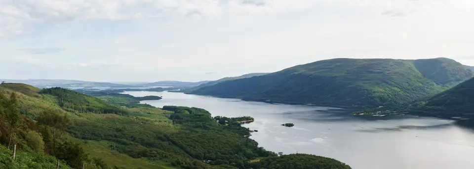 Loch Lomond seen from the lower slopes of Ptarmigan Ridge on Ben Lomond, with the far shore and its hills beyond