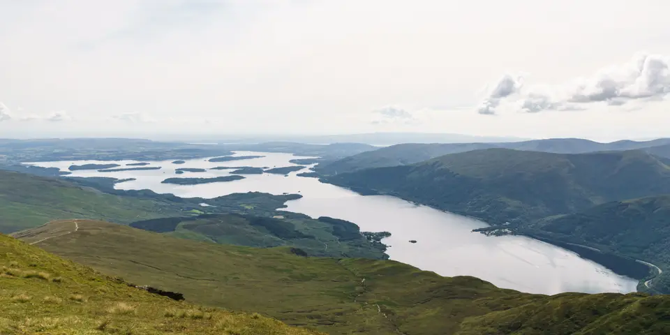 Loch Lomond and its islands seen looking south from the summit of Ben Lomond
