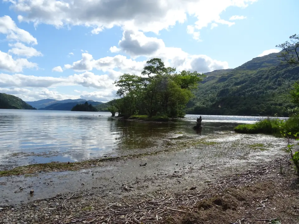 A pebbly Loch Lomond shore with a small wooded islet offshore under a bright sky
