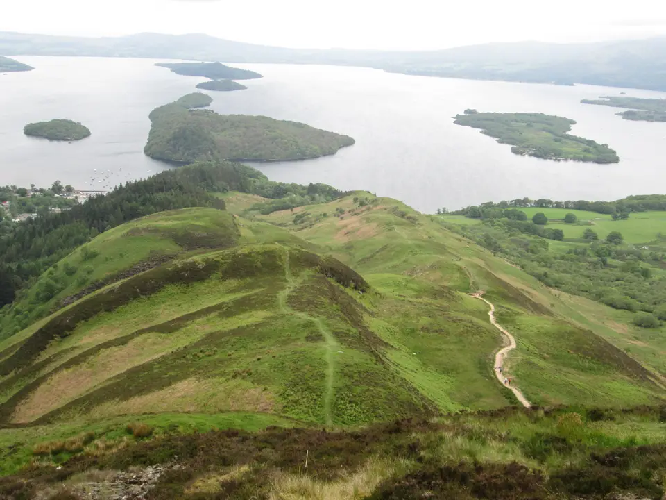 The ridge path of Conic Hill with the islands of Loch Lomond beyond