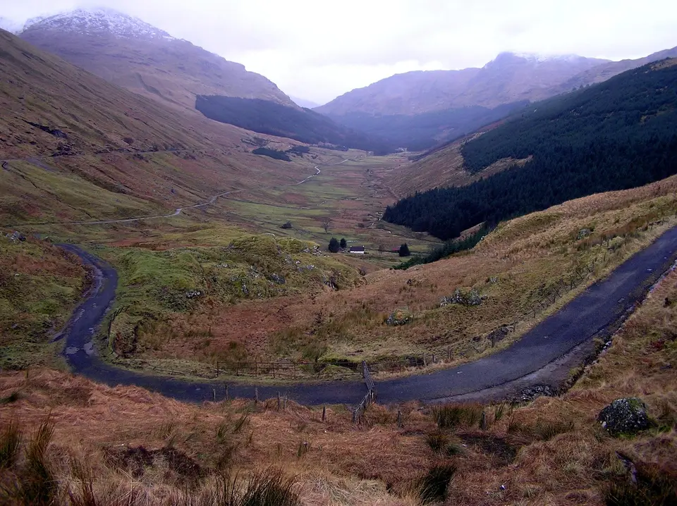 The A83 running down Glen Croe from the Rest and Be Thankful car park