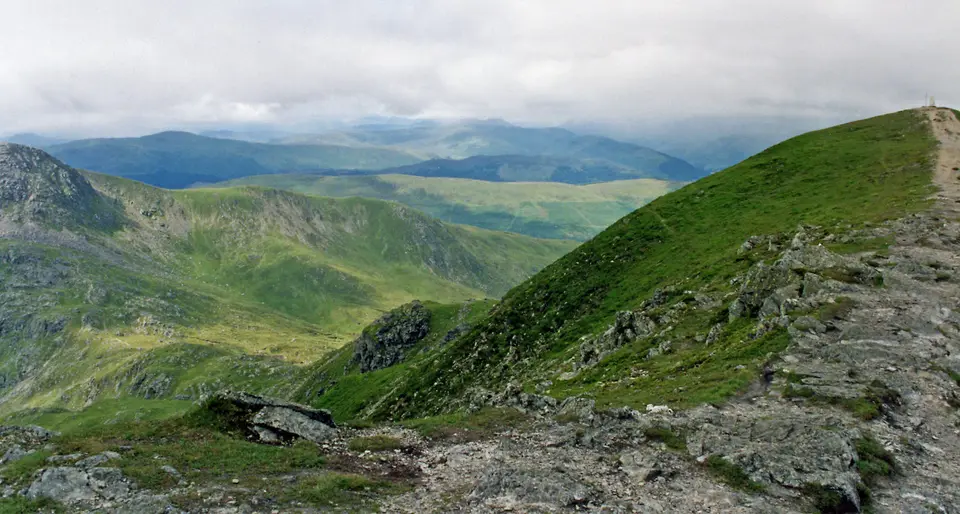 The grassy summit ridge of Ben Vorlich above Loch Earn