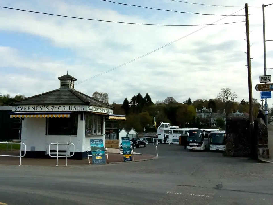 Sweeney's Cruises sign and ferry landing at Balloch on Loch Lomond