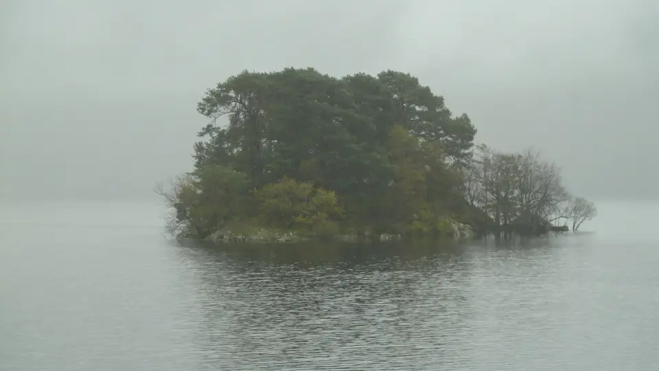 A small wooded island rising out of still grey water on Loch Lomond in mist