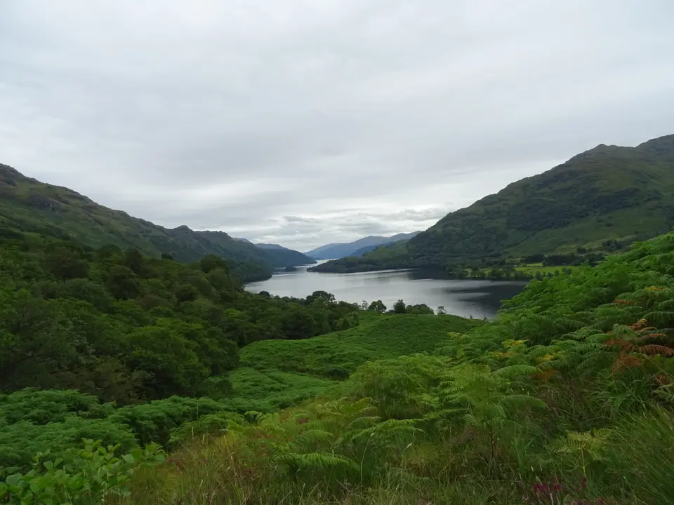 Green hillsides above the northern end of Loch Lomond, looking south along the water