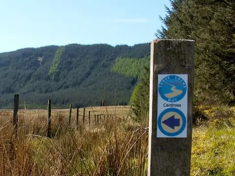 A Three Lochs Way waymarker post pointing towards Cardross, with forest and hillside behind