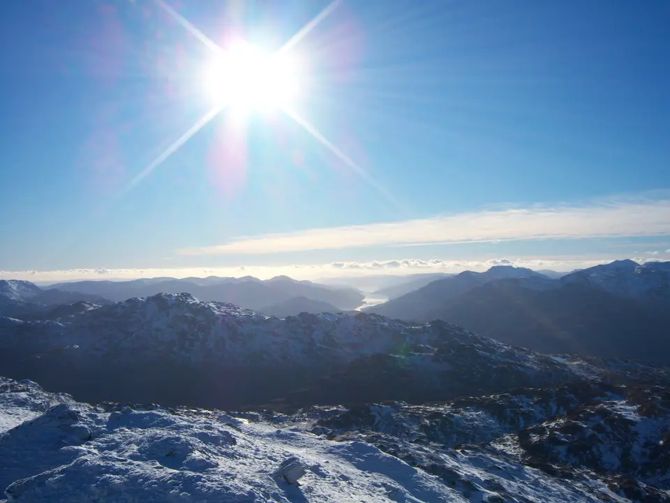 Low winter sun over a calm Loch Lomond with hills in the distance